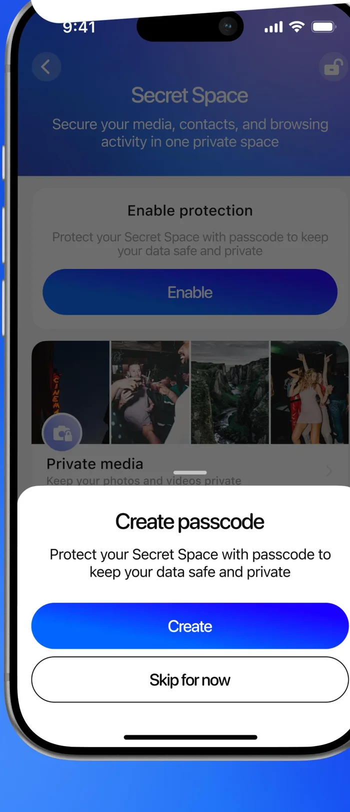 Secret Space passcode setup screen