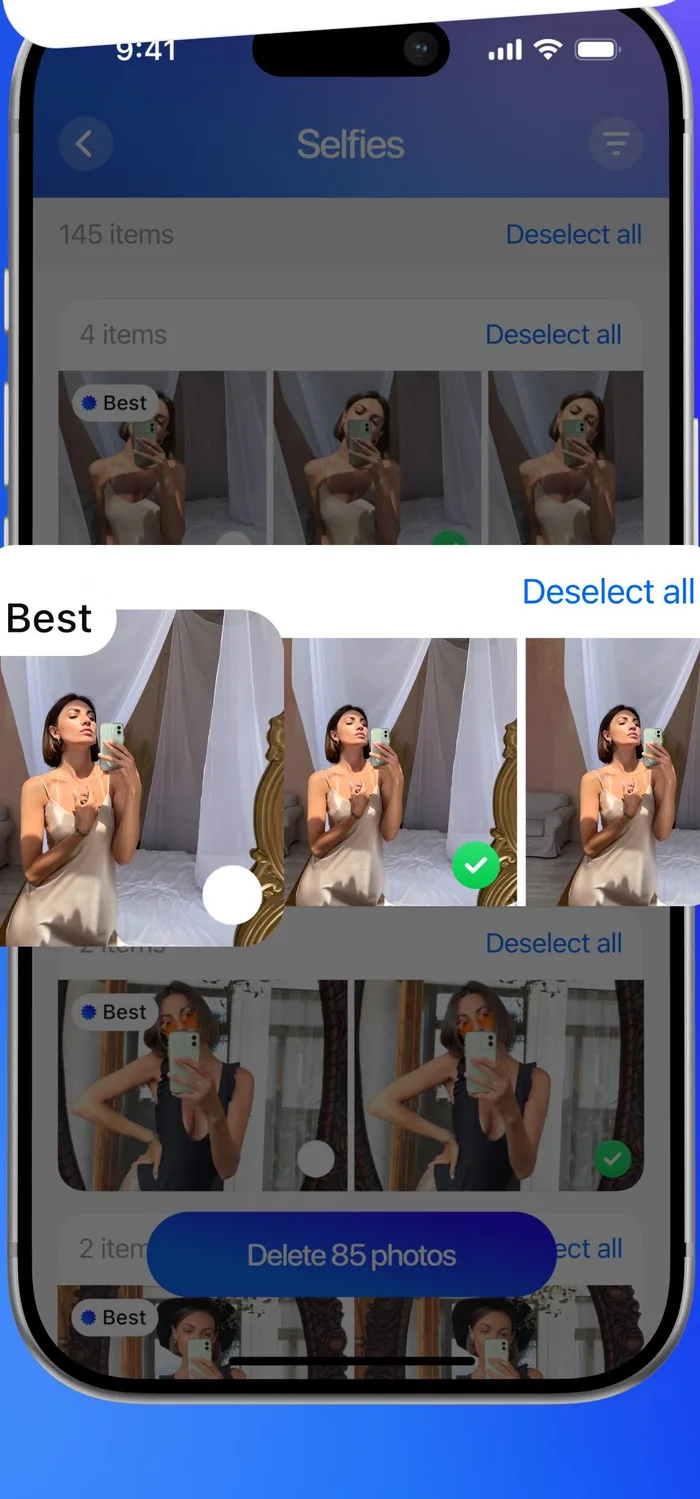 Selfies cleanup screen with Best pick suggestion